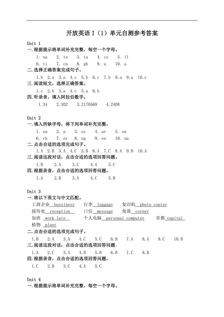 电大开放英语1(光盘)自测题参考答案_第1页