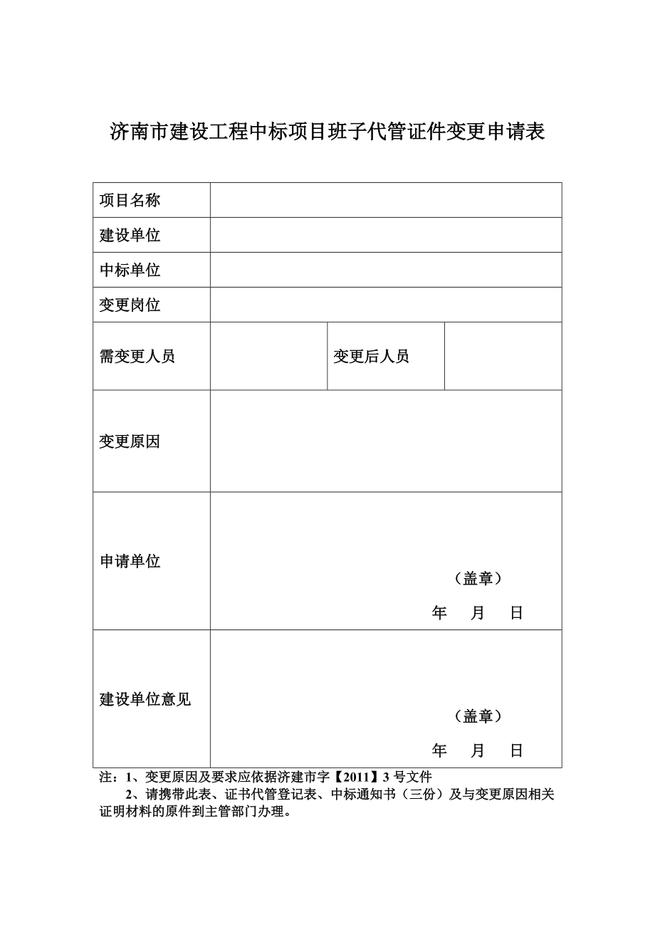 济南市建设工程中标项目班子代管证件变更申请表_第1页