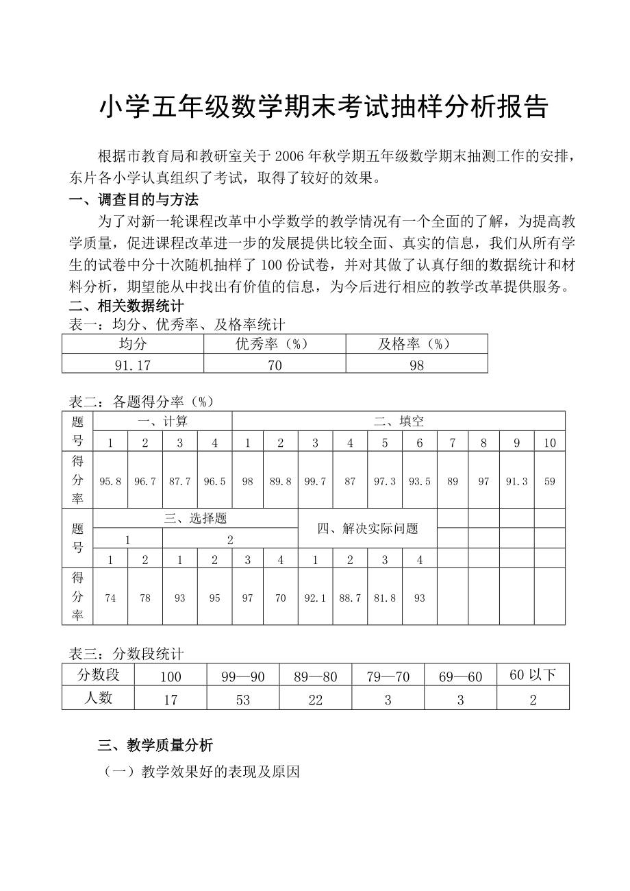 小学五年级数学期末考试抽样分析报告_第1页