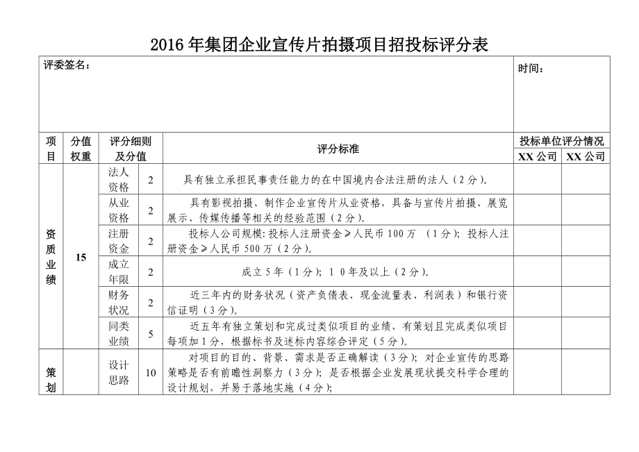 集团企业宣传片拍摄项目招投标评分表_第1页