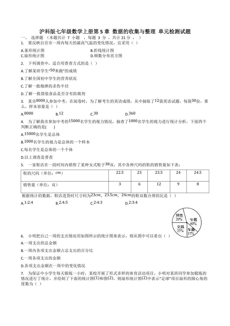 滬科版七年級數學上冊第5章 數據的收集與整理 單元檢測試題_第1頁