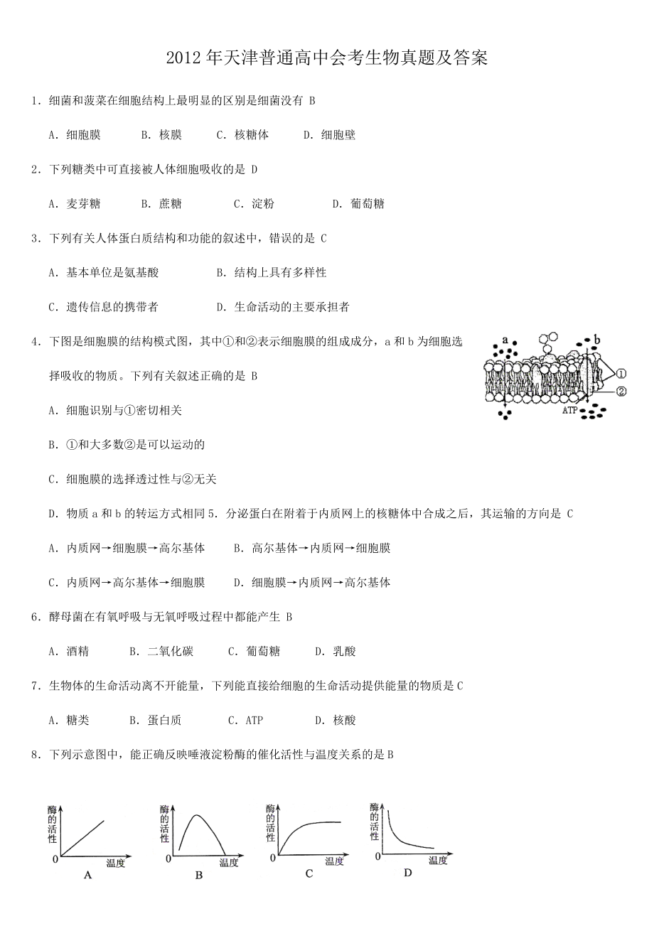 2012年天津普通高中会考生物真题及答案_第1页