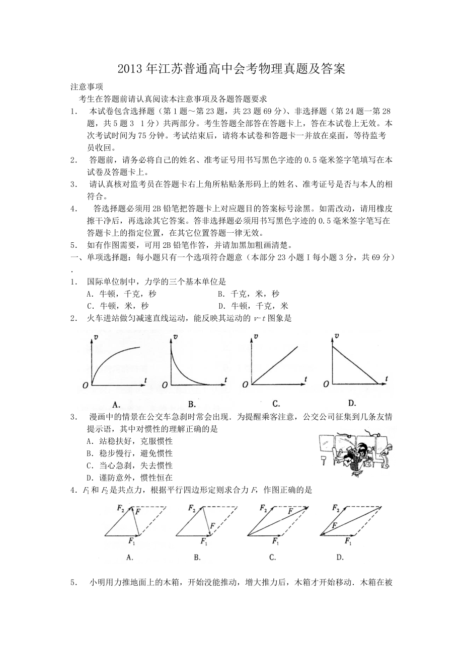 2013年江苏普通高中会考物理真题及答案_第1页