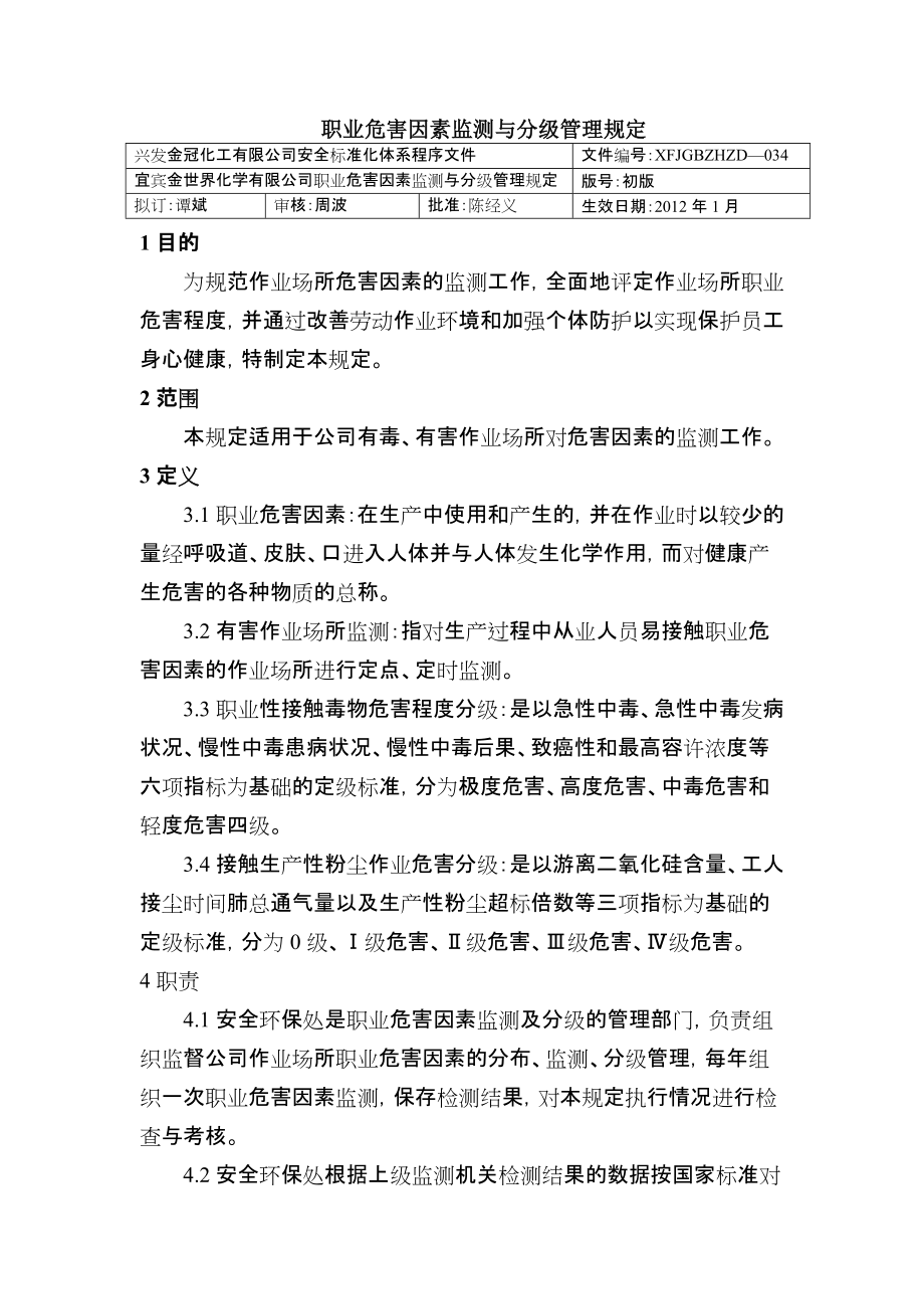 职业危害因素监测与分级管理规定 化工有限公司安全标准化程序文件_第1页