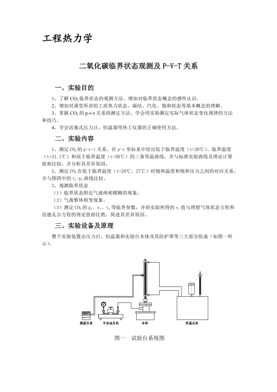 二氧化碳臨界狀態(tài)觀測及PVT關(guān)系工程熱力學(xué)實驗指導(dǎo)書_第1頁