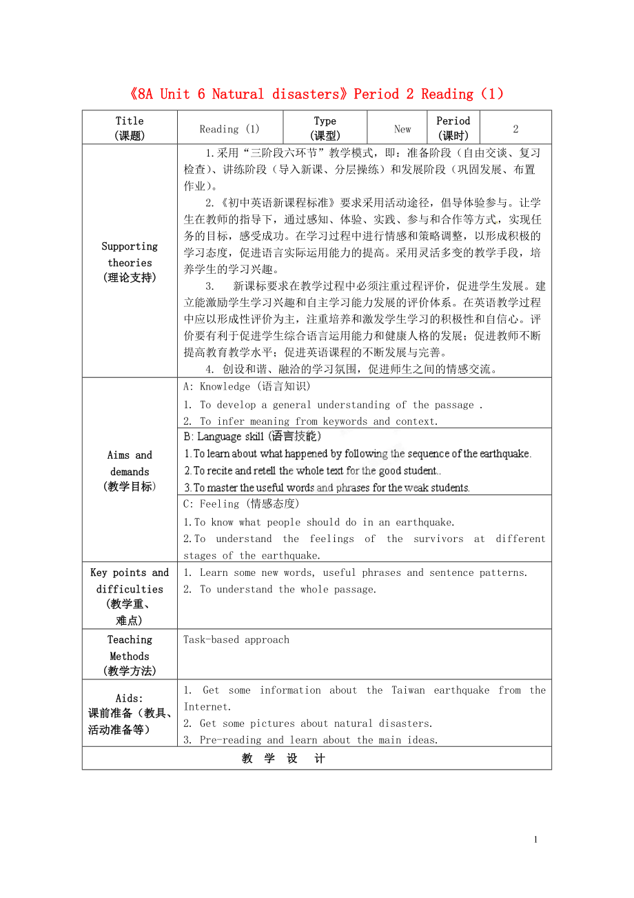 江蘇省海安縣大公初級中學(xué)八年級英語上冊《8A Unit 6 Natural disasters》Period 2 Reading（1）教案 牛津版_第1頁