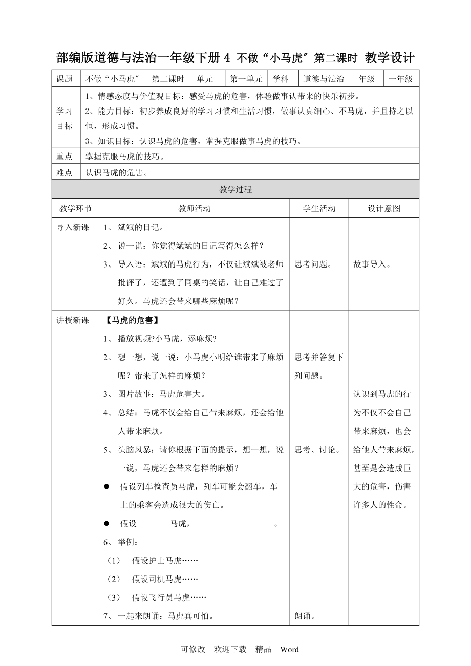 部編版道德與法治教學(xué)設(shè)計(jì) 不做“小馬虎”第二課時(shí) 教案_第1頁(yè)