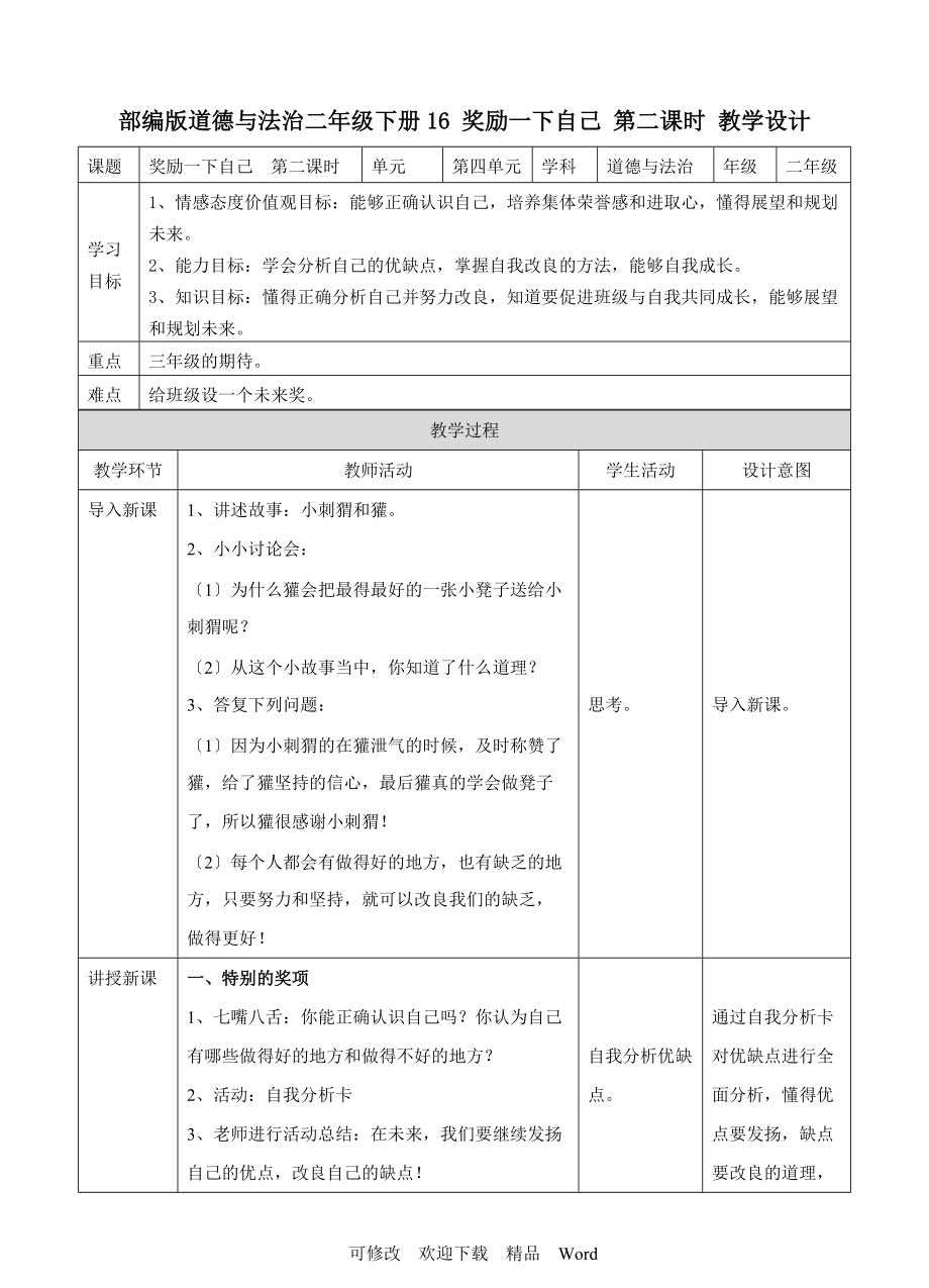 部编版道德与法治教学设计 奖励一下自己 第二课时 教案_第1页