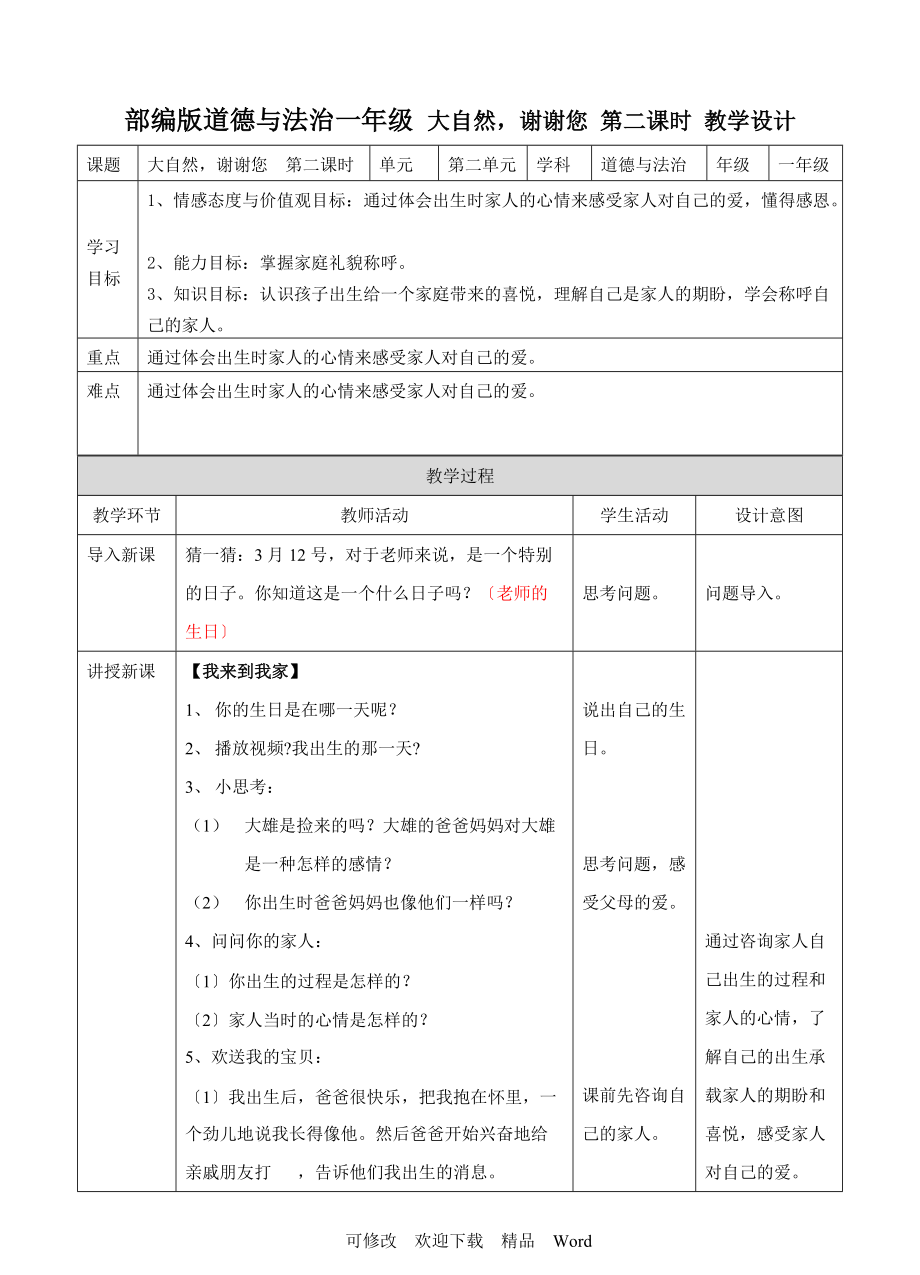 部编版道德与法治教学设计我和我的家第一课时教案_第1页