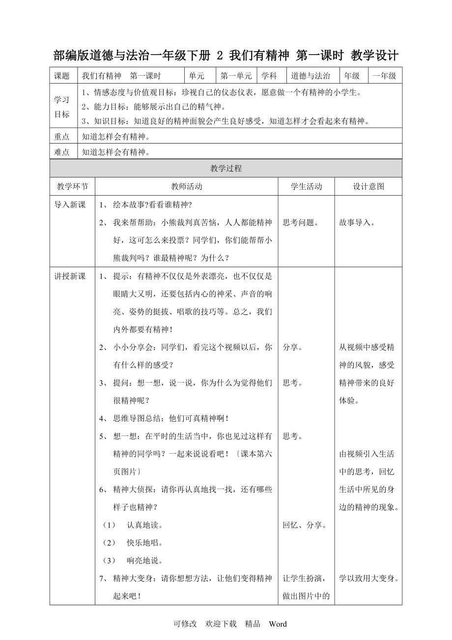 部編版道德與法治教學(xué)設(shè)計(jì) 我們有精神第一課時(shí) 教案_第1頁