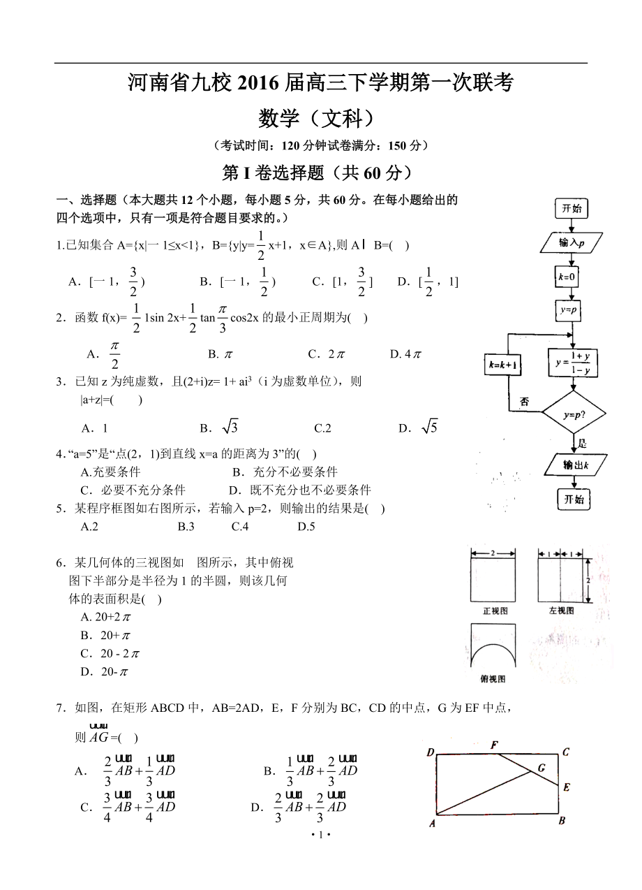 河南省九校高三下學(xué)期第一次聯(lián)考文科數(shù)學(xué)試題及答案_第1頁