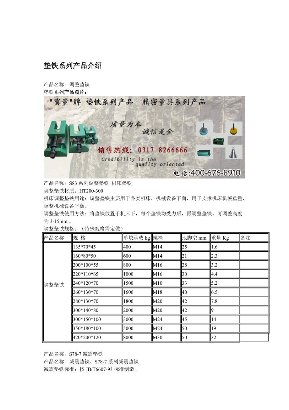 垫铁,机床垫铁,调整垫铁规格及使用说明_第1页