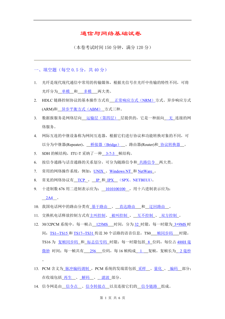 通信与网络基础试卷（附答案）_第1页