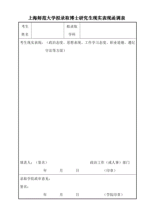 上海师范大学拟录取博士研究生现实表现函调表