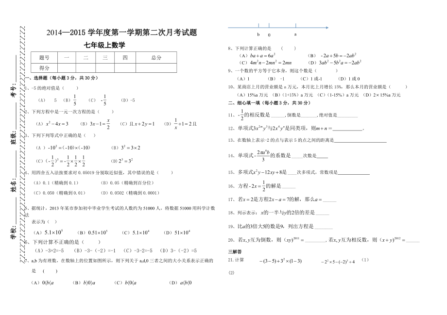 初一数学月考试卷--兴仁中学杨秀琴_第1页