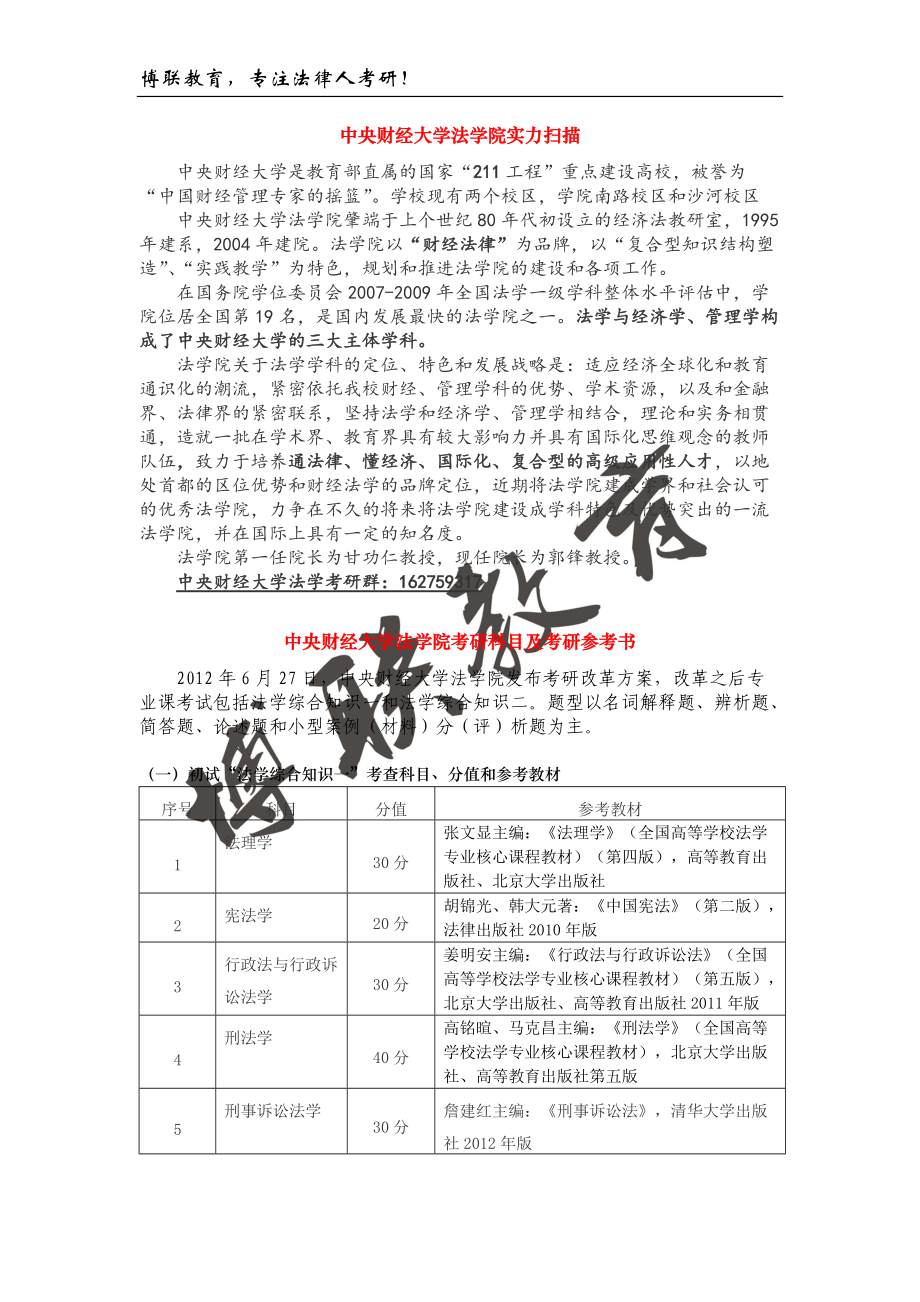 中央財經(jīng)大學法學院考研復試線、招生人數(shù)、參考書目、..._第1頁