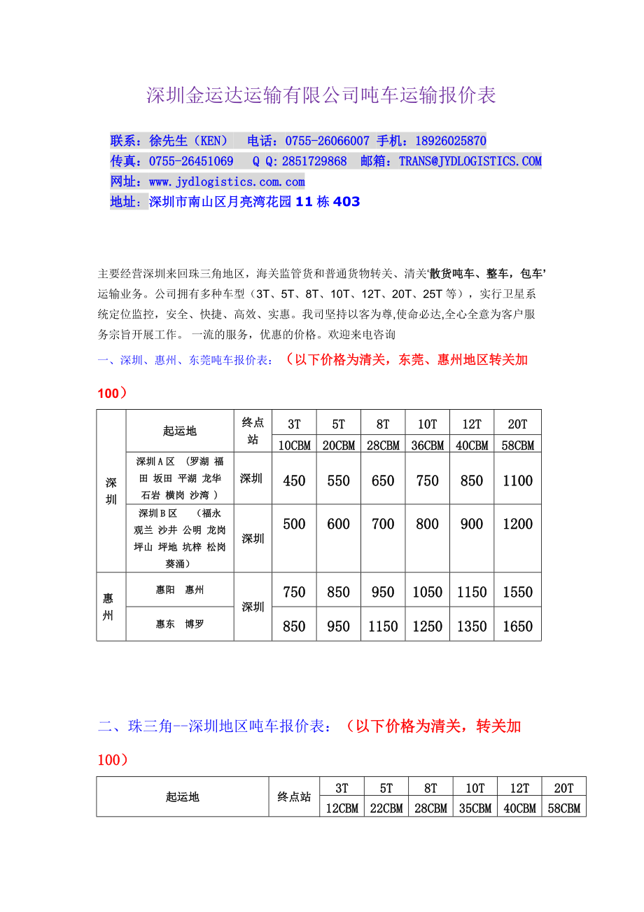 深圳金运达运输有限公司吨车运输报价表_第1页