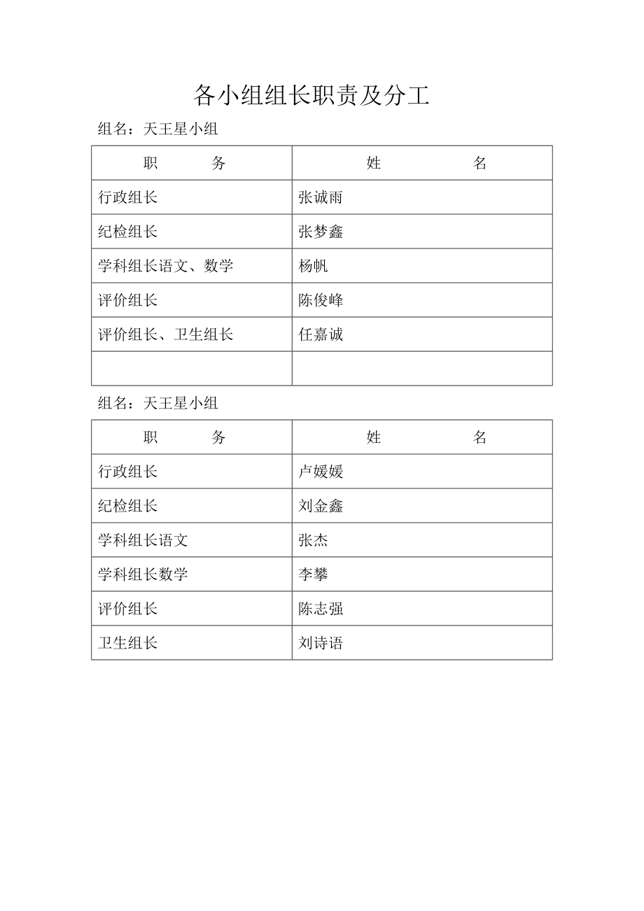 各小组组长职责及分工