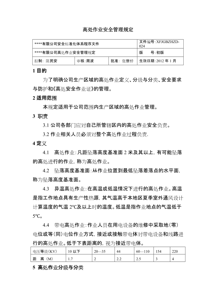 高处作业安全管理规 公司安全标准化程序文件_第1页