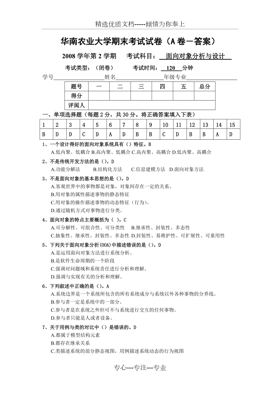 08学年第2学期面向对象分析与设计试卷(A)-答案(共6页)_第1页