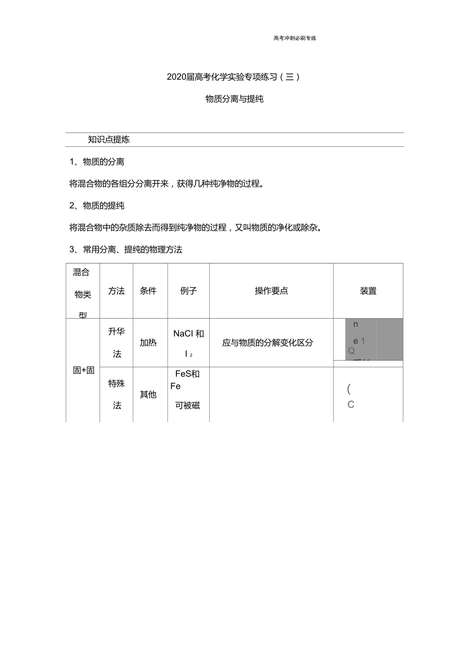 【高考沖刺】2020屆高考化學(xué)實(shí)驗(yàn)專項(xiàng)練習(xí)(三)物質(zhì)分離與提純_第1頁