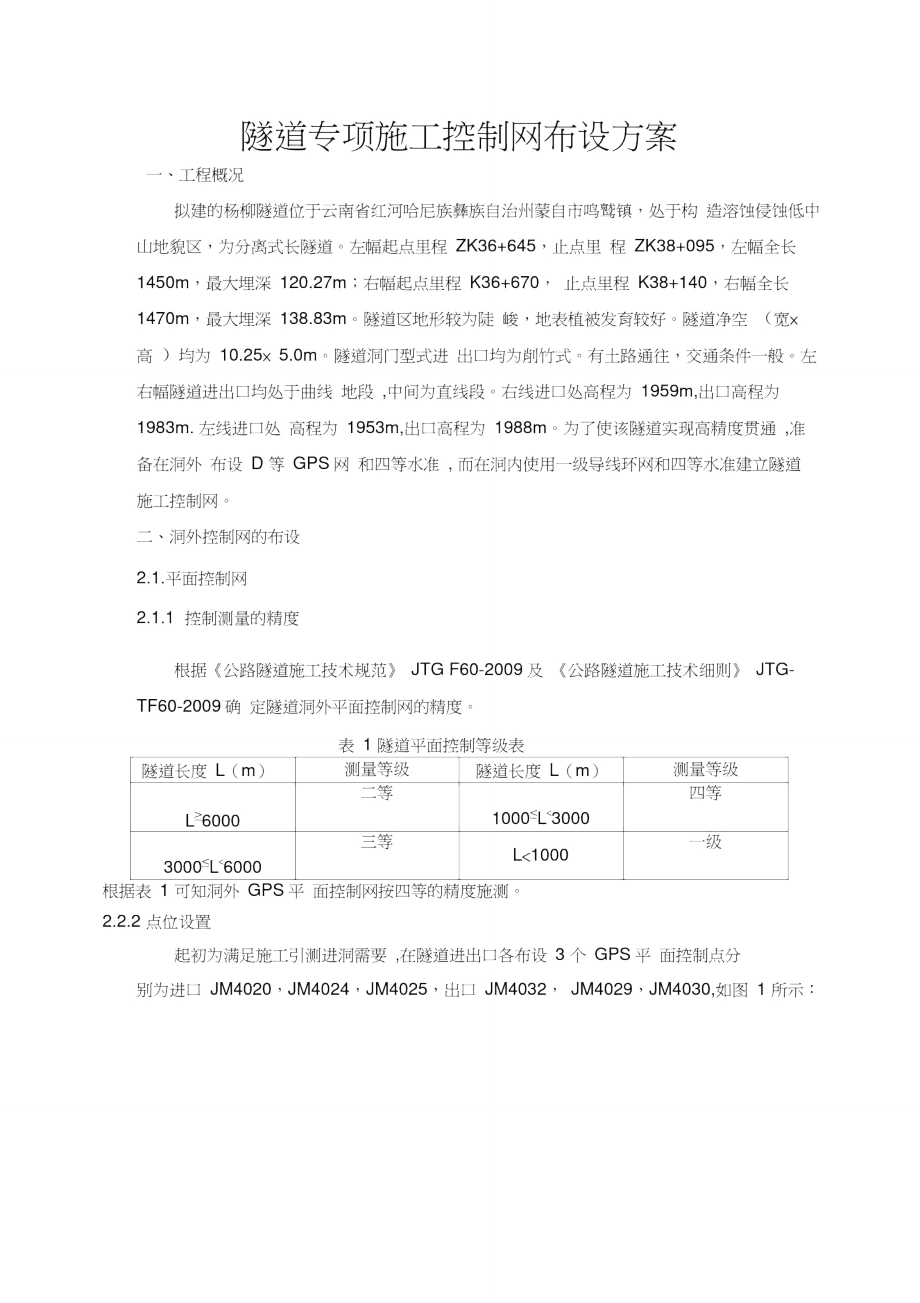 杨柳隧道控制网布设方案_第1页