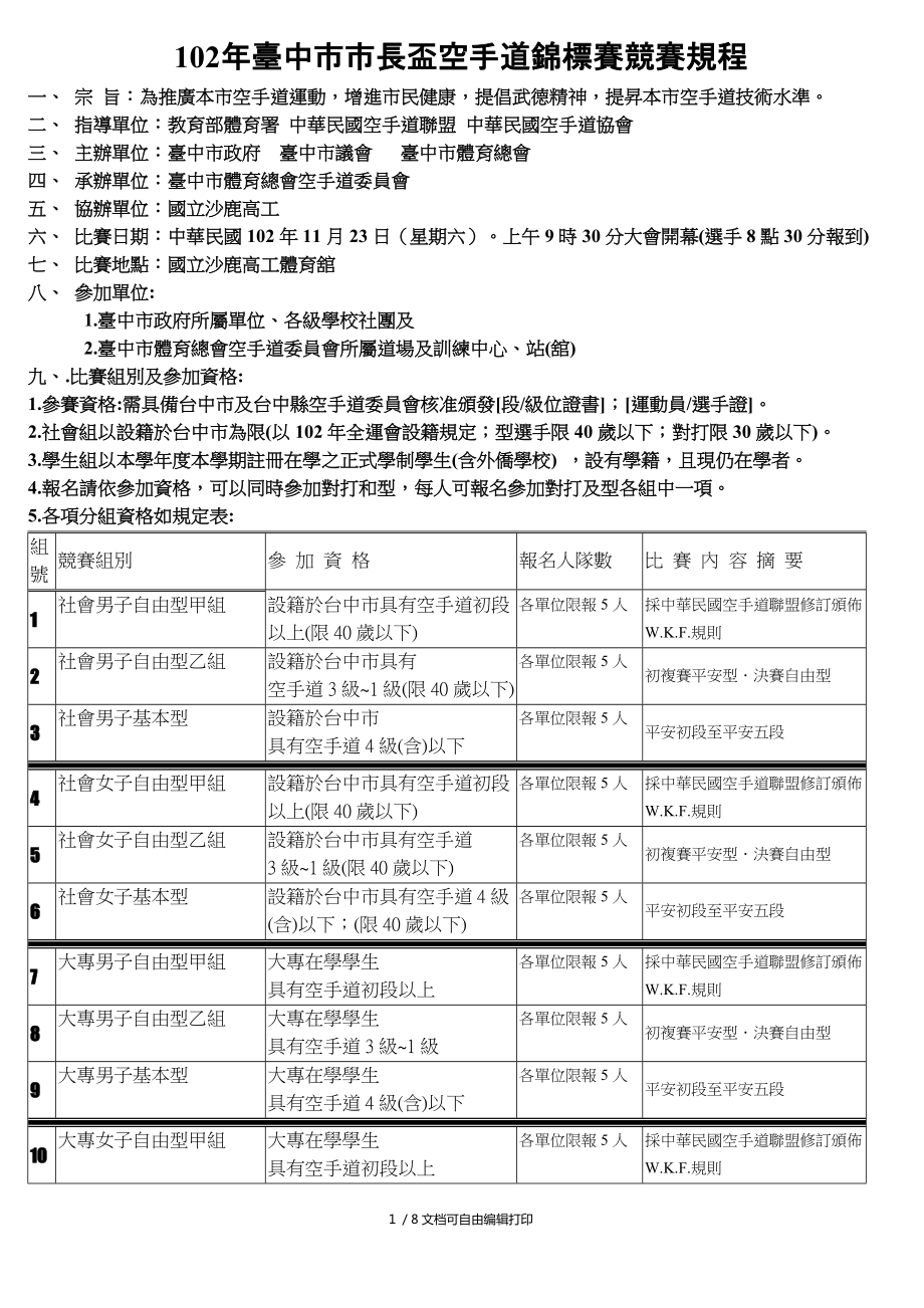 台中市市长盃空手道锦标赛竞赛规程_第1页