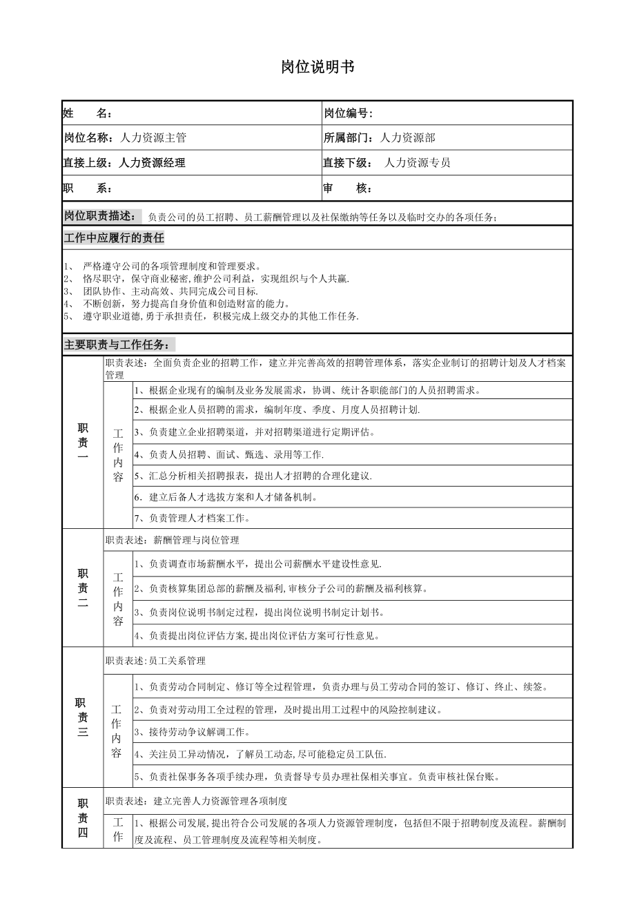 房地产公司人力资源主管岗位说明书_第1页