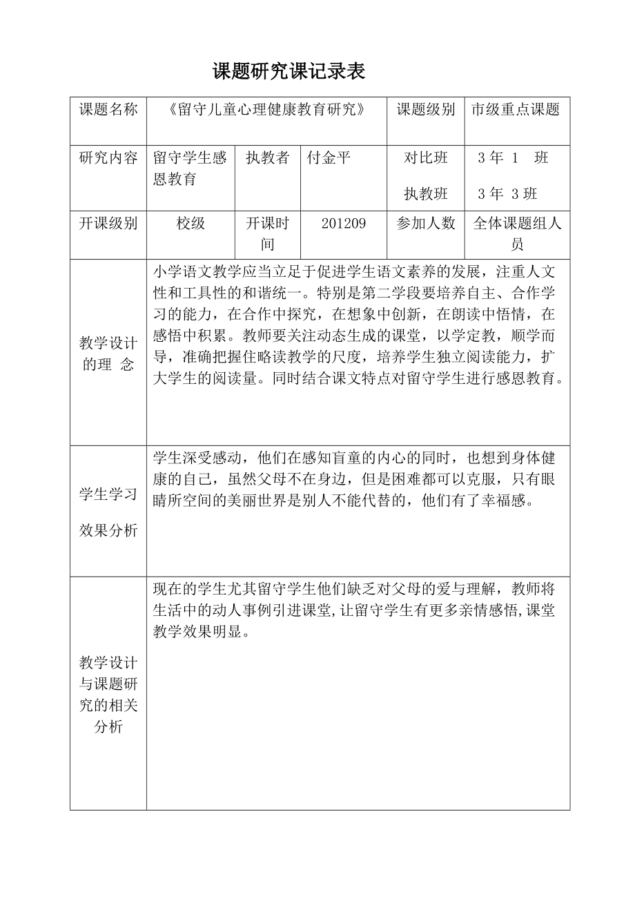 课题研究课记录表课题实验课付金平_第1页