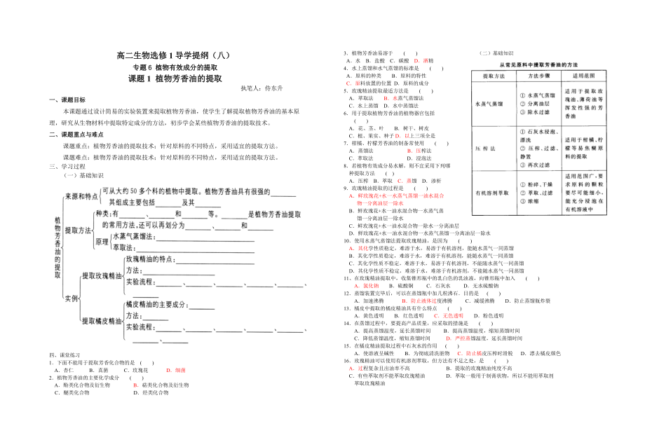 選修1導學提綱（八）課題1 植物芳香油的提取_第1頁