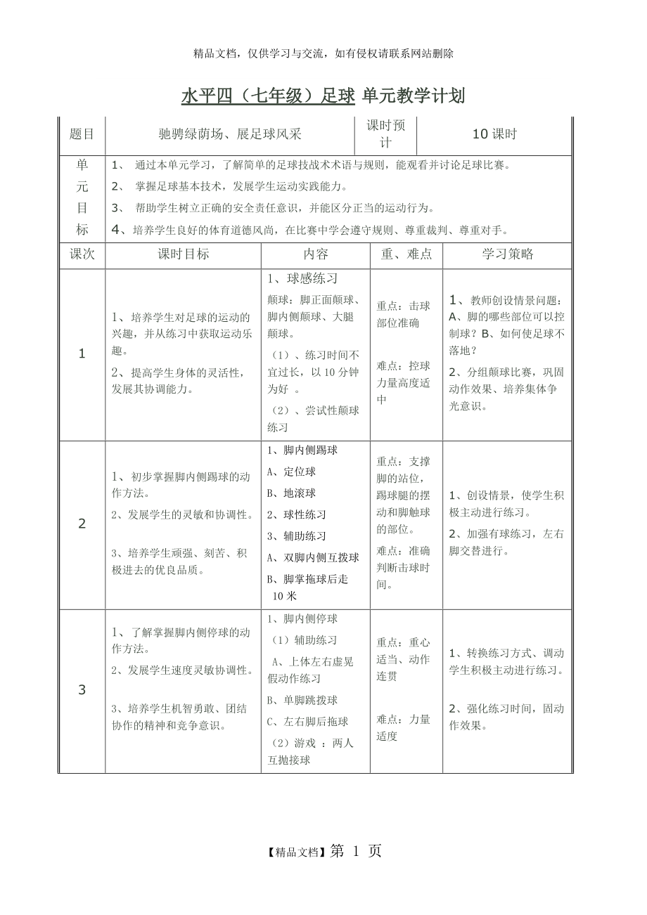 七年級(jí)足球 單元教學(xué)計(jì)劃_第1頁