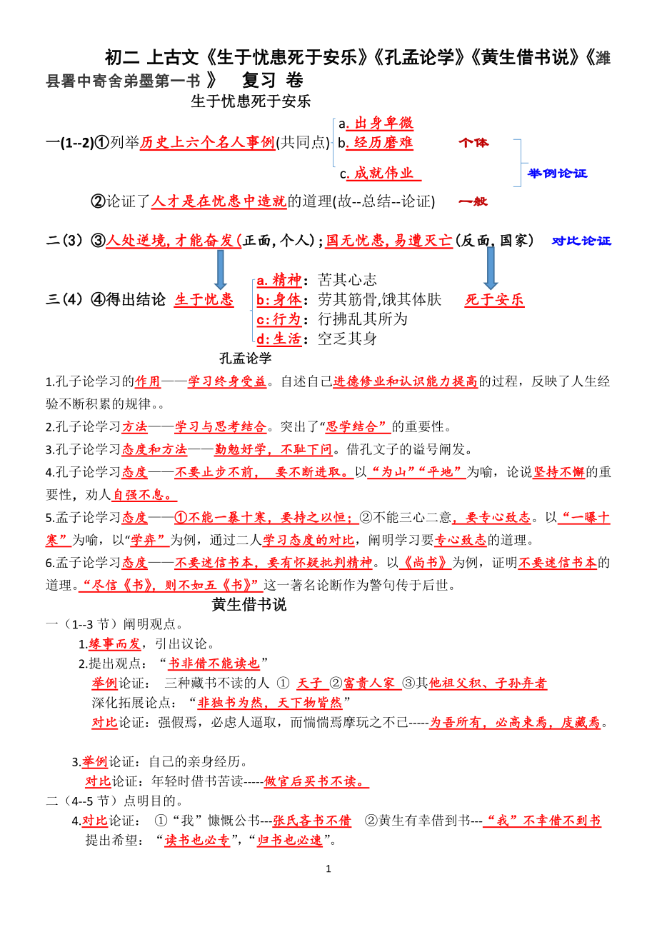 《生于憂患死于安樂》《孔孟論學》《黃生借書說》《濰縣署中寄舍弟墨第一書》練習及答案_第1頁