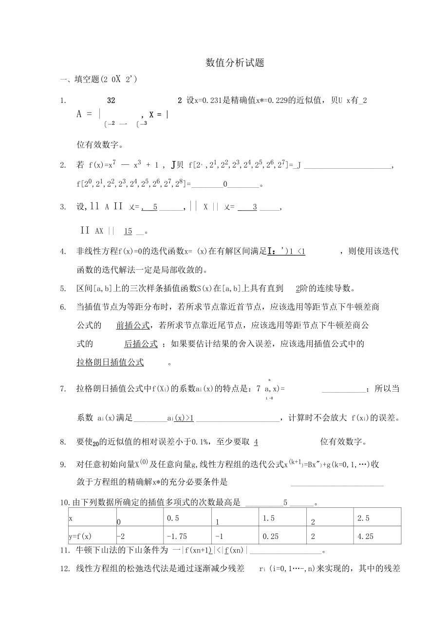 数值分析报告试的题目及问题详解51093_第1页