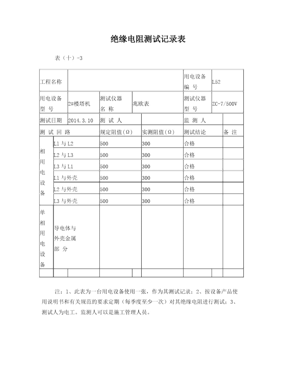 绝缘电阻测试记录表(范本)_第1页