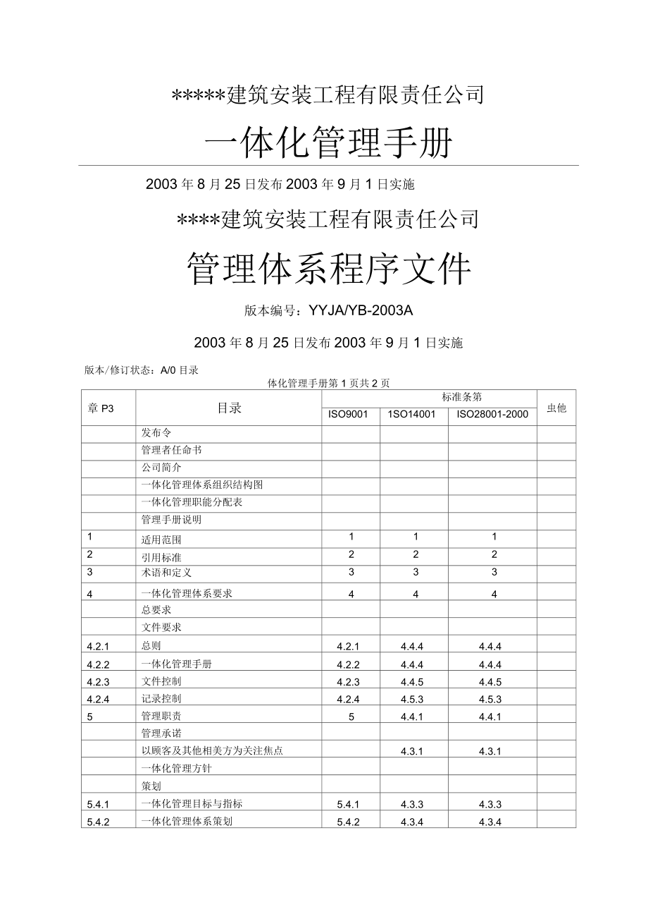 建筑安装工程一体化管理手册及程序文件_第1页