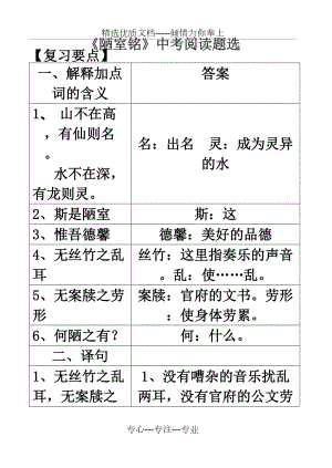 陋室銘愛蓮說中考閱讀題選(共11頁)