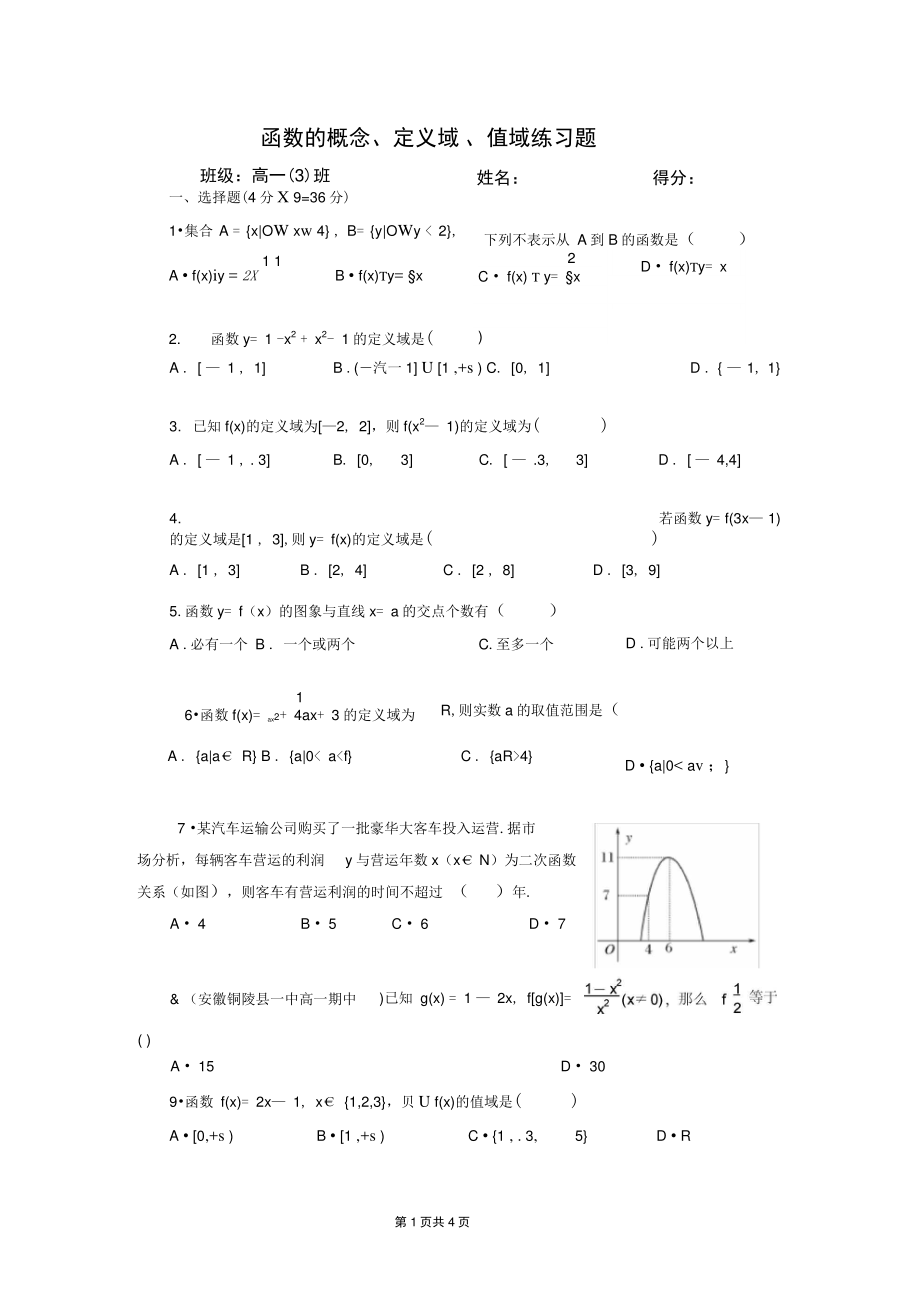 (完整版)《高一數(shù)學(xué)必修1》函數(shù)的概念、定義域、值域練習(xí)題(含答案)_第1頁(yè)