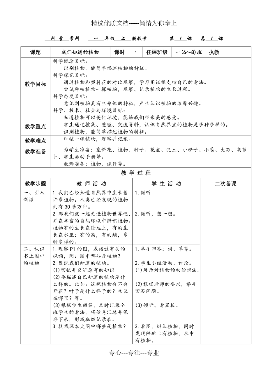 2017教科版一年级科学上册《我们知道的植物》教案(共2页)_第1页