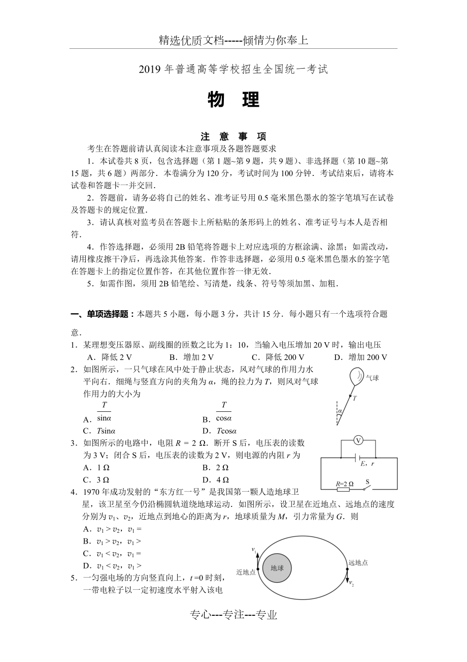 2019年江苏省高考物理试卷及答案(共9页)_第1页