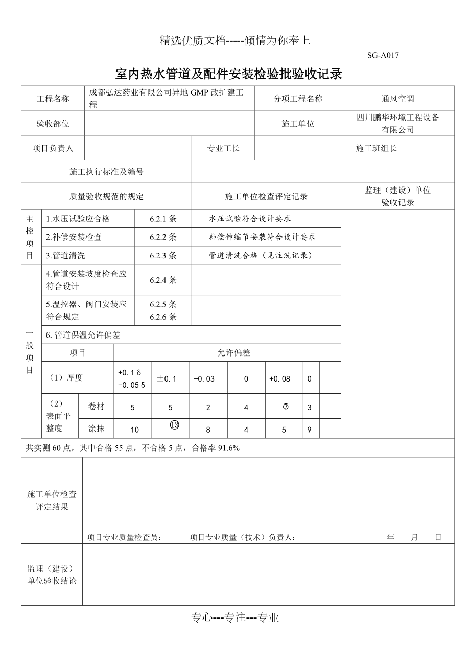 SG-A017-(室内热水管道及配件安装检验批验收记录)(共2页)_第1页