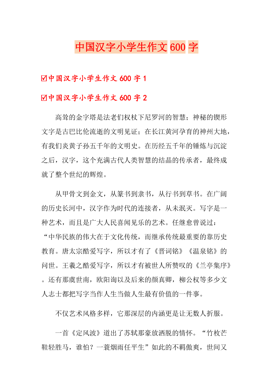 中国汉字小学生作文600字_第1页