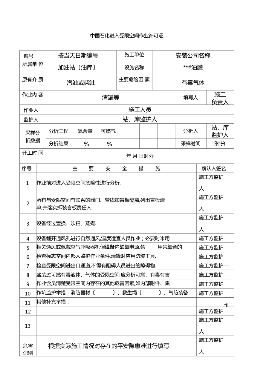 中国石化进入受限空间作业许可证模板格式_第1页