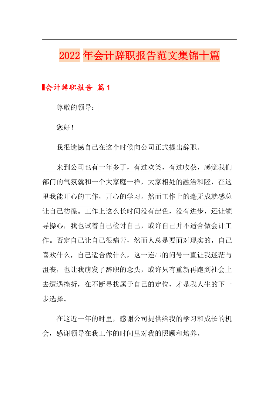 2022年会计辞职报告范文集锦十篇【汇编】_第1页