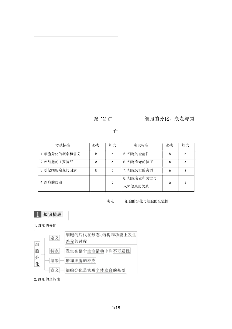 (浙江選考)高考生物一輪總復(fù)習(xí)第三單元細胞的生命歷程第12講細胞的分化、衰老與凋亡學(xué)案_第1頁