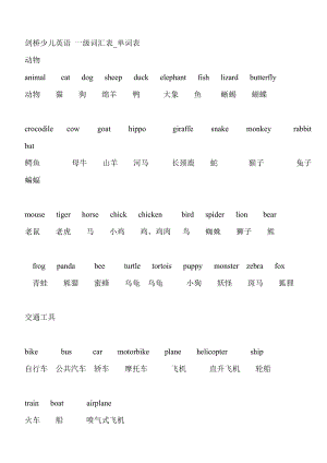 劍橋少兒英語(yǔ) 一級(jí)詞匯表