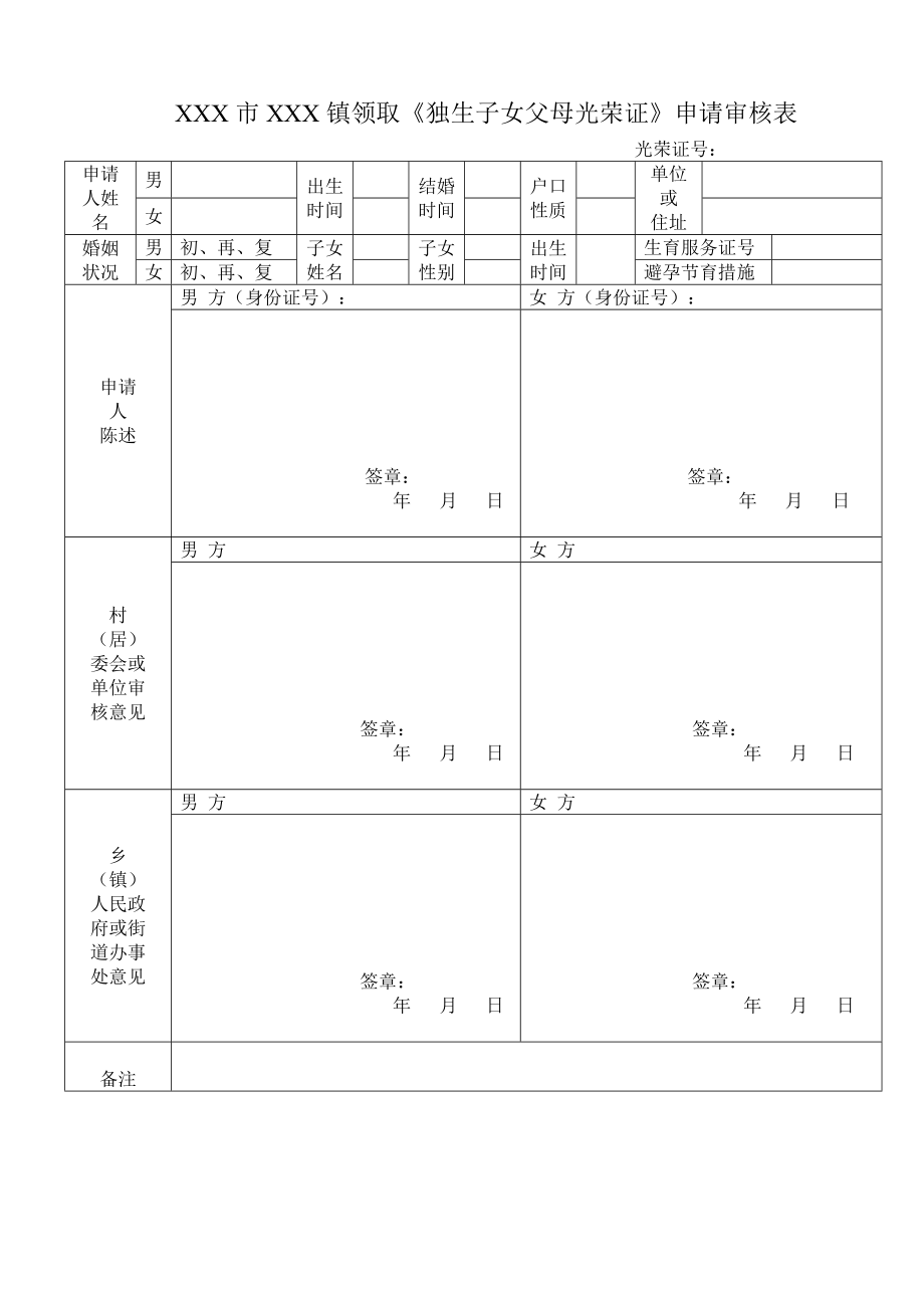 四川省領(lǐng)取《獨生子女父母光榮證》申請審核表_第1頁