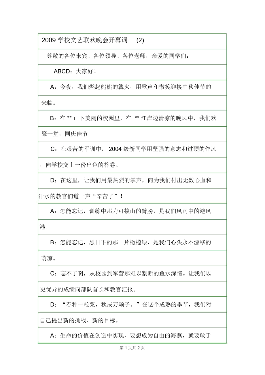 2009学校文艺联欢晚会开幕词(2)_第1页