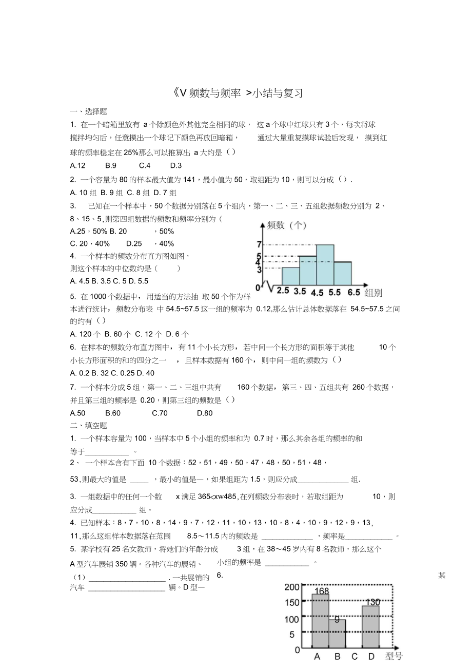 八年級數(shù)學下冊5《數(shù)據的頻數(shù)分布》小結與復習課時作業(yè)(新版)湘教版_第1頁