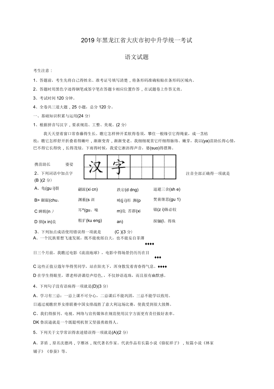 2019年黑龙江省大庆市中考语文试题(含答案)_第1页