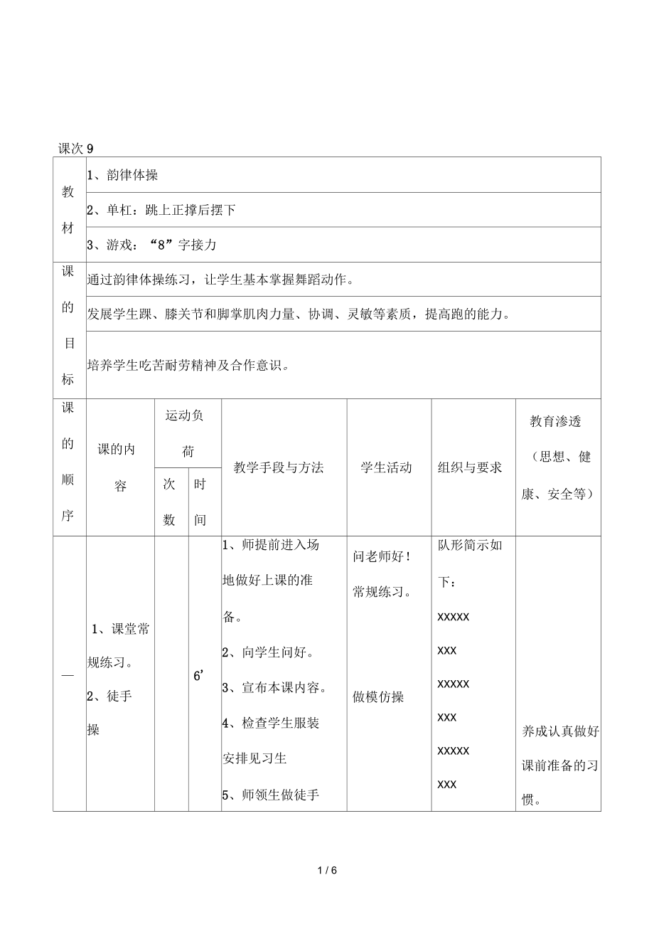 2015學年小學體育與健康六年級上《單杠：跳上正撐后擺下韻律體操》表格式教案_第1頁